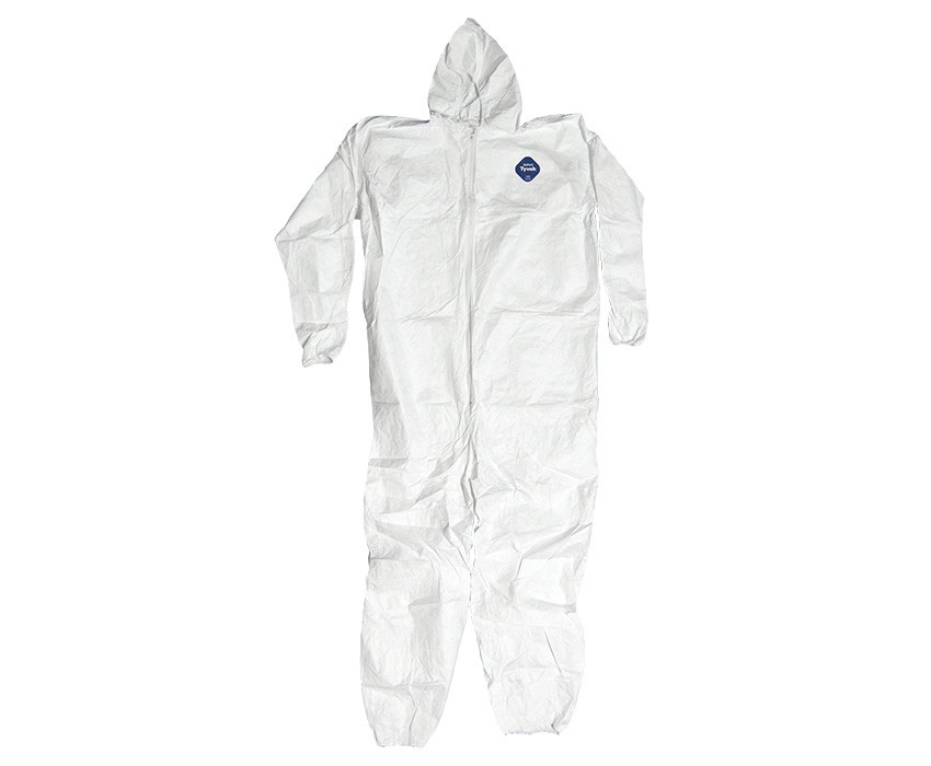 Tyvek coverall with attached hood.
